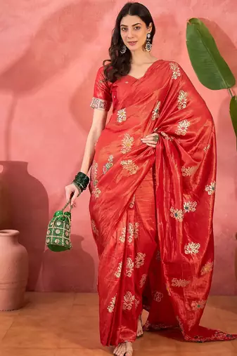Red silk blend jacquard saree with unstitched blouse piece