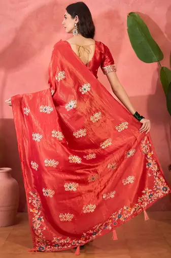 Red silk blend jacquard saree with unstitched blouse piece