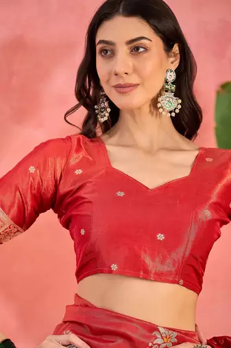 Red silk blend jacquard saree with unstitched blouse piece