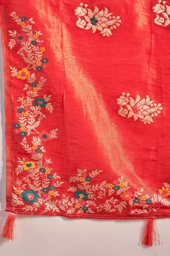 Red silk blend jacquard saree with unstitched blouse piece