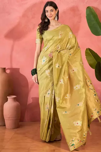 Yellow silk blend jacquard saree with unstitched blouse piece