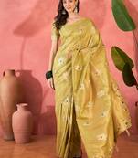 Yellow silk blend jacquard saree with unstitched blouse piece