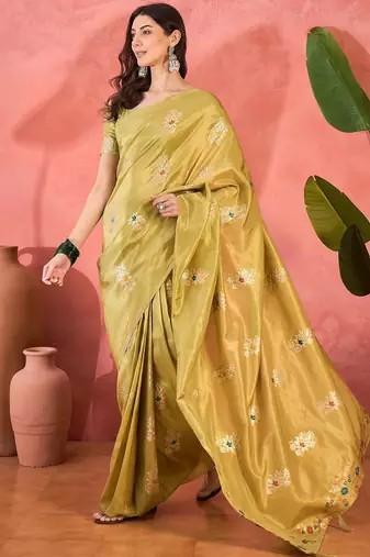 Yellow silk blend jacquard saree with unstitched blouse piece