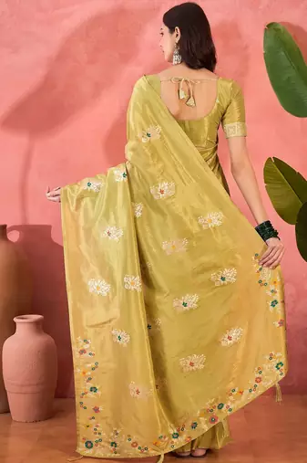 Yellow silk blend jacquard saree with unstitched blouse piece