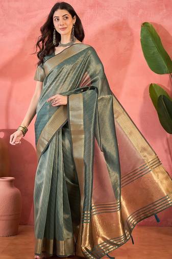 Blue organza jacquard saree with unstitched blouse piece