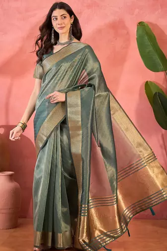 Blue organza jacquard saree with unstitched blouse piece