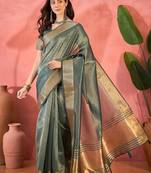 Blue organza jacquard saree with unstitched blouse piece