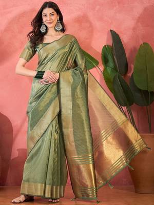 Green organza jacquard saree with unstitched blouse piece 1