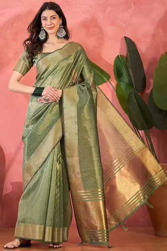 Green organza jacquard saree with unstitched blouse piece