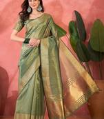 Green organza jacquard saree with unstitched blouse piece