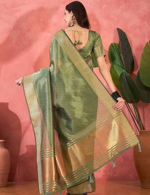 Green organza jacquard saree with unstitched blouse piece 3