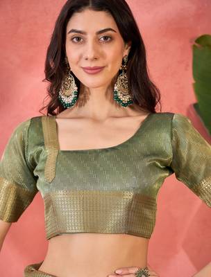 Green organza jacquard saree with unstitched blouse piece 4
