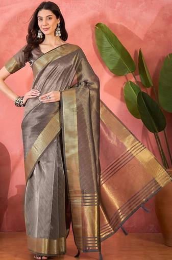 Grey organza jacquard saree with unstitched blouse piece