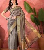 Grey organza jacquard saree with unstitched blouse piece