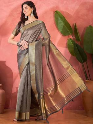 Grey organza jacquard saree with unstitched blouse piece 2