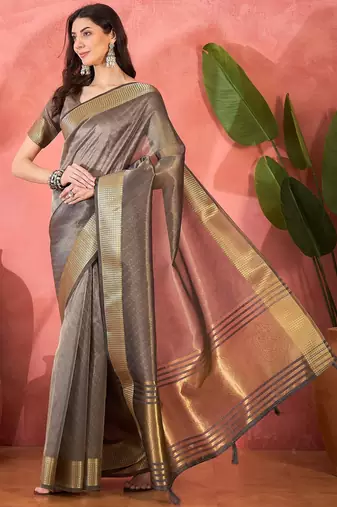 Grey organza jacquard saree with unstitched blouse piece