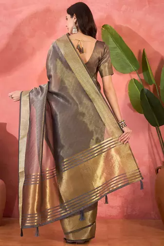 Grey organza jacquard saree with unstitched blouse piece