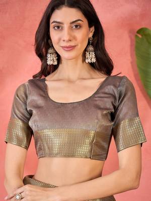 Grey organza jacquard saree with unstitched blouse piece 4