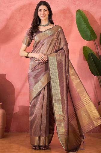Lavender organza jacquard saree with unstitched blouse piece