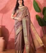 Lavender organza jacquard saree with unstitched blouse piece