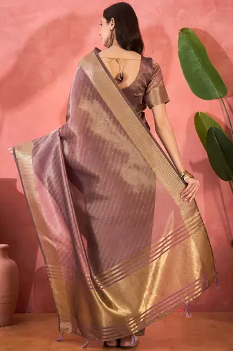 Lavender organza jacquard saree with unstitched blouse piece