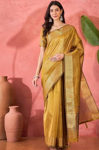 Yellow organza jacquard saree with unstitched blouse piece
