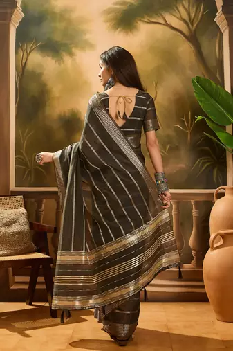 Black organza jacquard saree with unstitched blouse piece