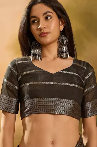 Black organza jacquard saree with unstitched blouse piece