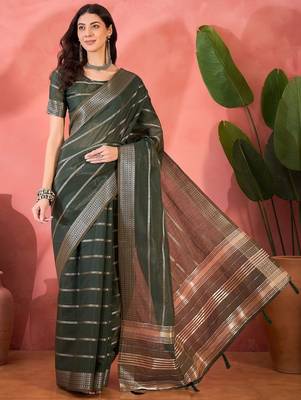 Green organza jacquard saree with unstitched blouse piece 1