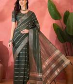 Green organza jacquard saree with unstitched blouse piece