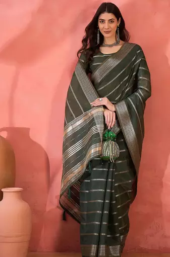 Green organza jacquard saree with unstitched blouse piece