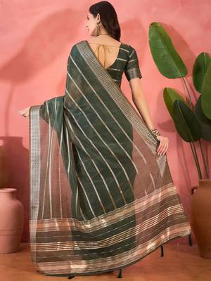 Green organza jacquard saree with unstitched blouse piece 3