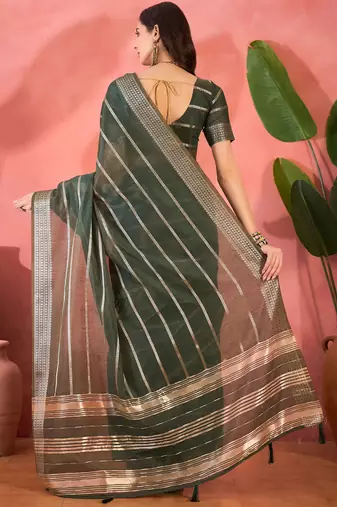 Green organza jacquard saree with unstitched blouse piece