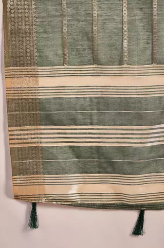 Green organza jacquard saree with unstitched blouse piece