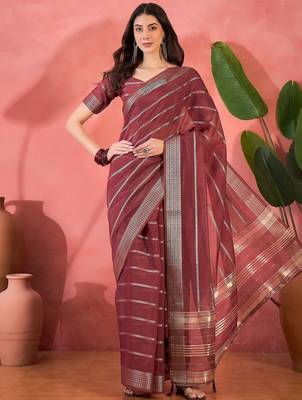 Maroon organza jacquard saree with unstitched blouse piece 1