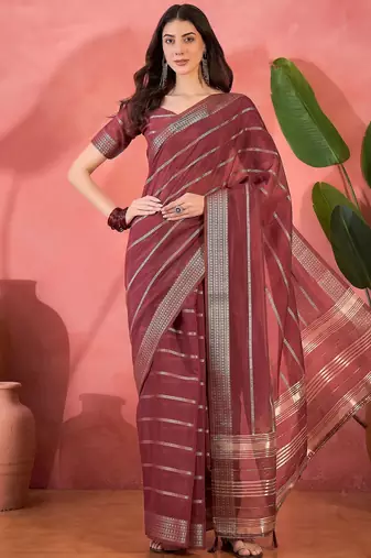 Maroon organza jacquard saree with unstitched blouse piece
