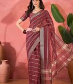 Maroon organza jacquard saree with unstitched blouse piece