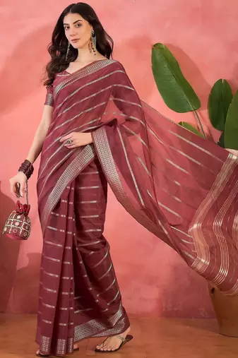 Maroon organza jacquard saree with unstitched blouse piece