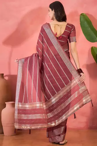 Maroon organza jacquard saree with unstitched blouse piece