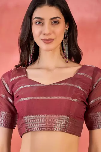 Maroon organza jacquard saree with unstitched blouse piece