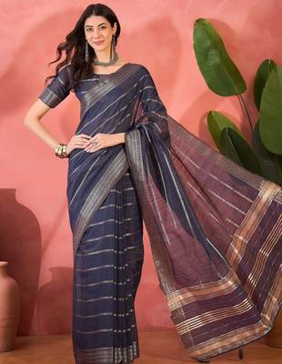 Navy blue organza jacquard saree with unstitched blouse piece 1