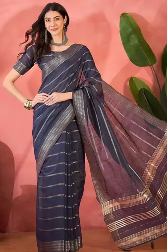 Navy blue organza jacquard saree with unstitched blouse piece