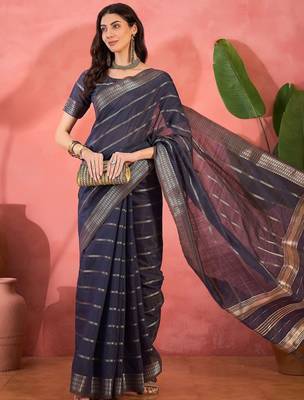 Navy blue organza jacquard saree with unstitched blouse piece 2