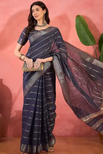 Navy blue organza jacquard saree with unstitched blouse piece