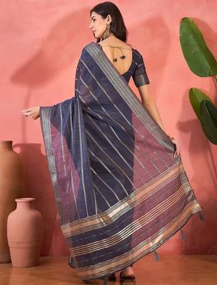 Navy blue organza jacquard saree with unstitched blouse piece 3