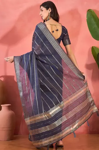Navy blue organza jacquard saree with unstitched blouse piece