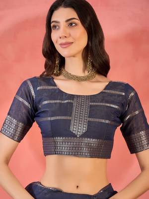 Navy blue organza jacquard saree with unstitched blouse piece 4