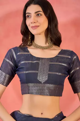 Navy blue organza jacquard saree with unstitched blouse piece