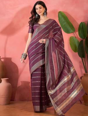 Purple organza jacquard saree with unstitched blouse piece 1
