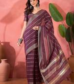 Purple organza jacquard saree with unstitched blouse piece